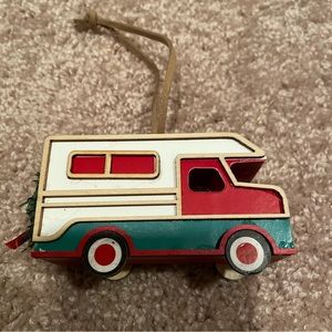 3 RV Christmas Ornaments, Red, Green, & Cream in Color; Little Wreath on Back